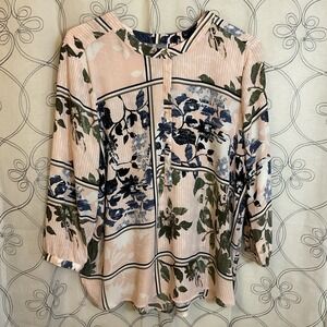 JM COLLECTION Women's Tunic Pink Floral‎ Sheer Polyester 1/2 Button Blouse XL